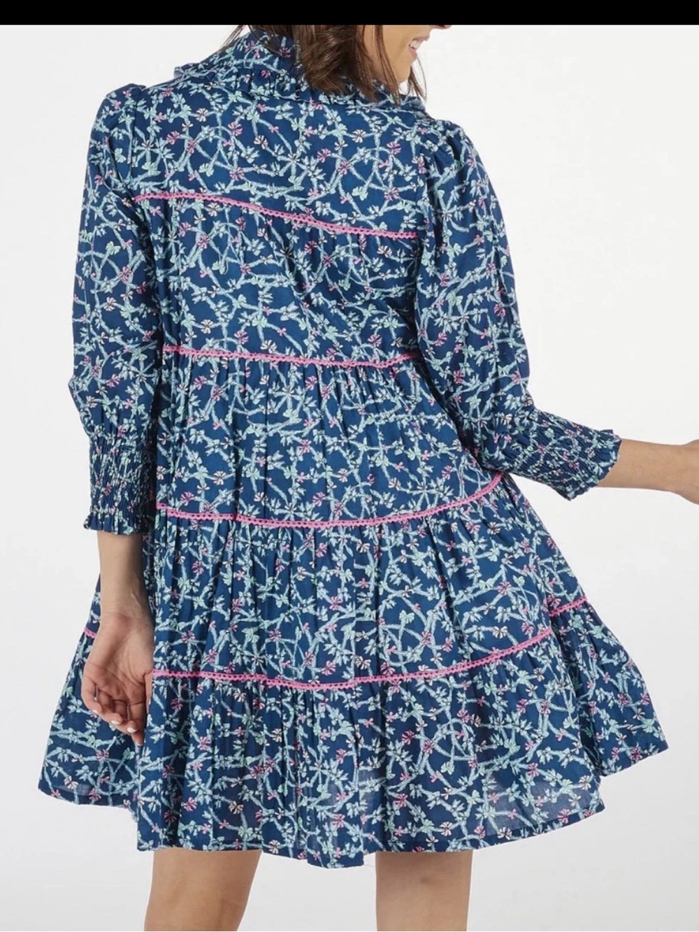 NWT Simply Southern Navy Blue Floral Tiered Button-Up Mini Dress with Pink Trim - Picture 2 of 5